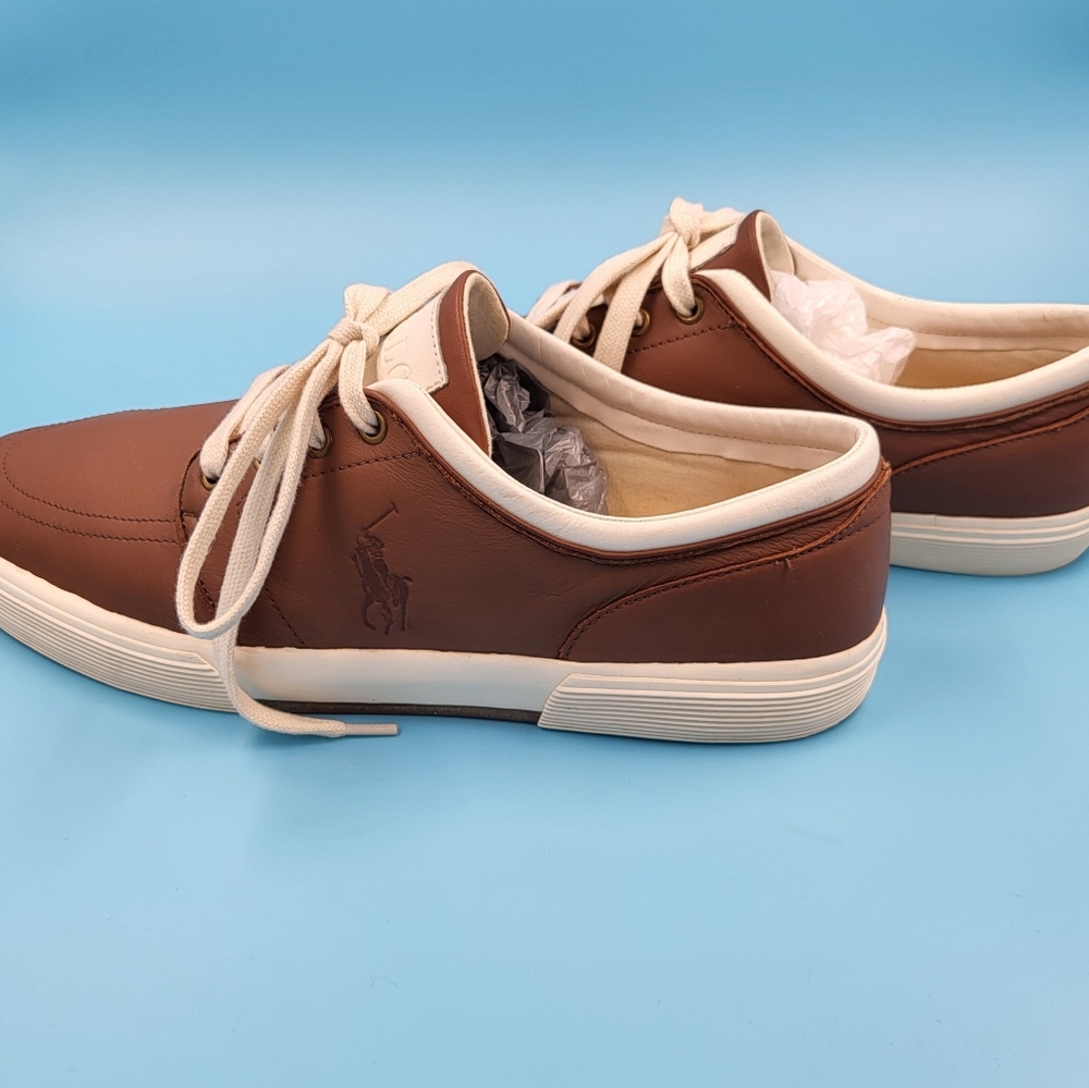 Mens Polo Ralph Lauren Tan Leather Faxon Low Top Boat Shoes Sneakers EUC sz 14 D - Picture 8 of 14